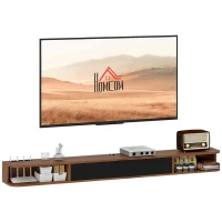 HOMCOM Meuble TV Suspendu, Meuble Télé pour Téléviseur jusqu'à 75 Pouces, Tiroir Rabattable, 2 Étagères, 180x24x16cm, Noyer(m-12)