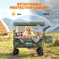 Outsunny Folding Trolley Cart Storage Wagon Beach Trailer 4 Wheels with Handle Overhead Canopy Cart Push Pull for Camping, Green(m-8)