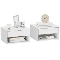 HOMCOM Lot de 2 tables de chevet murales, tables de nuit, tiroir, compartiment ouvert, plateau, 37 x 32 x 21 cm, blanc(m-11)