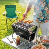 Outsunny Charcoal BBQ Grill Portable Stainless Steel Barbecue with Tilting Grate for Camping Picnic Garden Black(m-2)