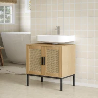 kleankin Badezimmerunterschrank, im Boho-Design, Badezimmerschrank, Rattan-Elemente, mit U-Ausschnitt, Eiche(m-10)