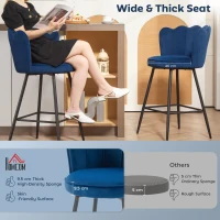 HOMCOM Set of Two Velvet-Feel Lotus Bar Stools - Dark Blue(m-4)