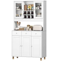 HOMCOM 180 cm Küchenschrank, 2 Glastüren, 3 Schubladen, 4 verstellbare Regale, Esszimmerschrank, Spanplatte, Weiß(m-11)