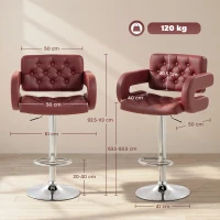 HOMCOM Scaun de Bar cu Spătar și Brațe, Reglabil pe Înălțime cu Suport pentru Picioare, Piele Ecologică Roșu(m-3)