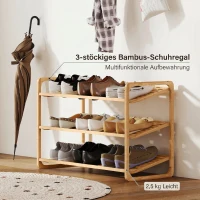 HOMCOM Etajeră pentru pantofi din bambus, cu 3 niveluri, pentru 12 perechi de pantofi, rafturi din bambus cu lamele, 76x33x50,8 cm, culoare lemn natural(m-7)
