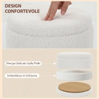 HOMCOM Pouf Contenitore Rotondo 33L in Tessuto Sherpa con Coperchio, Capacità 120kg, Soggiorno, Ingresso, Bianco(m-6)