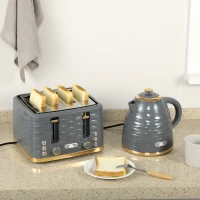 HOMCOM Kettle and Toaster Sets, 3000W 1.7L Rapid Boil Kettle & 4 Slice Toaster with 7 Browning Controls, Defrost, Reheat and Crumb Tray, Otter thermostat, Grey(m-10)