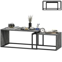 HOMCOM Lot de 2 tables basses gigognes design industriel encastrable en métal noir et effet marbre gris foncé(m-12)