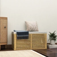 HOMCOM Banc de rangement, coffre de rangement rembourré en tissu aspect lin, couvercle et structure en bambou, gris et naturel(m-7)