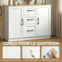 HOMCOM Buffet salon, meuble de rangement avec 2 portes à fermeture douce et 3 tiroirs, 110x35x80,4cm, blanc et bois naturel(m-6)