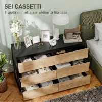 HOMCOM Cassettiera 6 Cassetti per Camera da Letto in Legno, 120x39x75 cm, Nero e Rovere(m-5)