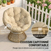 Outsunny Fauteuil papasan en rotin, fauteuil pivotant à 360° avec coussin rembourré, 85 x 70 x 82 cm, kaki(m-6)