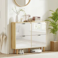HOMCOM Sapateira Estreita com 4 Portas em Branco Brilho Prateleiras Ajustáveis Pernas de Madeira para 20 Pares de Sapatos 105x24x92,5 cm(m-8)