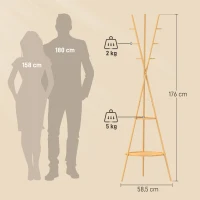 HOMCOM Freistehender Garderobenständer mit 9 Haken und 2 Regalböden für den Eingangsbereich, natur(m-3)