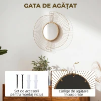 HOMCOM Decorațiune de Perete Oglindă Rotundă, Oglindă Modernă cu Benzi din Metal și Design Plisat, Artă Decorativă pentru Living, Dormitor și Intrare, 60x60 cm, Auriu(m-5)