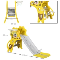 AIYAPLAY Escorrega para Crianças 2 em 1 com 2 Degraus Cesta de basquetebol e Desenho de Leão para Interior 131x50x74 cm Amarelo e Cinza(m-3)