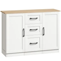 HOMCOM Buffet salon, meuble de rangement avec 2 portes à fermeture douce et 3 tiroirs, 110x35x80,4cm, blanc et bois naturel(m-1)