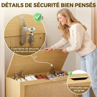 HOMCOM Coffre de Rangement en Rotin 136L, Banc Coffre avec Couvercle Relevable et 2 Charnières de Sécurité, Chêne(m-6)