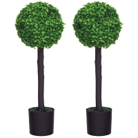 HOMCOM Set of 2 Artificial Plants Boxwood Ball Trees in Pot Fake Plants for Home Indoor Outdoor Decor, 20x20x60cm, Green