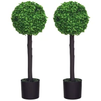 HOMCOM Set of 2 Artificial Plants Boxwood Ball Trees in Pot Fake Plants for Home Indoor Outdoor Decor, 20x20x60cm, Green(m-1)
