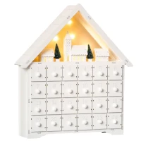 HOMCOM 24-Drawer Christmas Advent Calendar, Wooden Light-Up Traditional Decoration, Adults Kids Countdown Holiday House w/ Lights Handle White(m-1)
