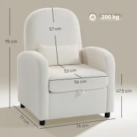 HOMCOM Fotoliu de Salon Tapițat cu Spațiu de Depozitare Ascuns, Spătar Înalt, Fotoliu Modern cu Cotiere, Pernă Lombară și Șezut Spațios, din Pluș Teddy, pentru Dormitor și Sufragerie, Crem(m-3)