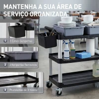 HOMCOM Carrinho de Limpeza com Rodas com 3 Prateleiras 2 Contentores e Balde Lateral Suspenso Carga 100 kg Preto.(m-4)
