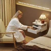 HOMCOM Set 2 Noptiere Suspendate: Stație de Încărcare, Sertar, Raft, Alb(m-7)
