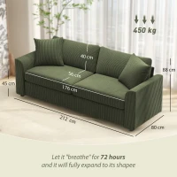 HOMCOM Canapé 3 places 212 cm avec 2 coussins à ressorts, tissu velours côtelé, pour salon, chambre, bureau à domicile, vert(m-3)