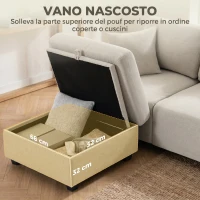 HOMCOM Divano Angolare 3 Posti in Tessuto Effetto Lino con Contenitore Poggiapiedi Rimovibile, 2 Cuscini, Beige(m-4)