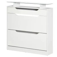 HOMCOM Shoe Storage Cabinet with Slide Out Drawer, 2 Flip Doors, Tempered Glass Top - White(m-10)