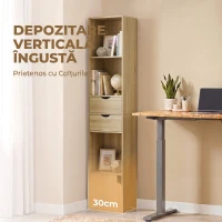 HOMCOM Bibliotecă Îngustă cu 6 Rafturi, Sertare, Ușă și Polițe Deschise, 30x24x158 cm, Stejar(m-5)