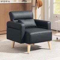 HOMCOM Poltrona Moderna Estofada em Couro Sintético com Apoios de Braço Acolchoados e Pés em Madeira 77x78x78 cm Preto(m-10)