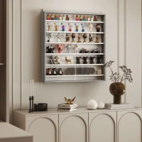 HOMCOM Bacheca Portaoggetti a 5 Ripiani Regolabili in Legno con Ante in Vetro, 80x9.5x83 cm, Bianco e Grigio(m-2)