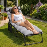 Outsunny Klappliege, 5-stufig neigbare Rückenlehne, Kissen, Auflage, bis 120 kg, Stahl, hellgrau, 58 x 189 x 32,5 cm(m-2)