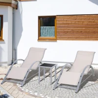 Outsunny Set de 2 Șezlonguri și Măsuță cu Blat din Sticlă, 59x169x66 cm, Crem(m-2)