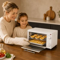 HOMCOM Minibackofen, 9 L Mini-Ofen mit Backblech, Grillrost, mit einstellbarer Temperatur und Garzeit, Edelstahl, Cremeweiß(m-9)