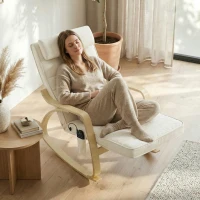 HOMCOM Schaukelstuhl mit Massage, Heizung, Kopfstütze & Fußstütze, Samtbezug, Relaxsessel, Cremeweiß(m-9)