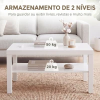 HOMCOM Mesa de Centro Mesa de Café para Sala com Prateleira Aberta Tampo Grosso para Sala Escritório 90x45x44,5 cm Branco(m-5)