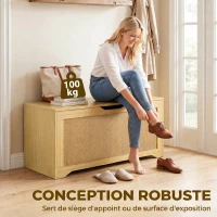 HOMCOM Coffre de Rangement en Rotin 136L, Banc Coffre avec Couvercle Relevable et 2 Charnières de Sécurité, Chêne(m-7)