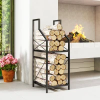 Outsunny Suport lemne de foc pe 2 niveluri din metal cu bază ridicată, 34x30x80 cm, negru(m-10)