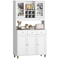 HOMCOM 180 cm Küchenschrank, 2 Glastüren, 3 Schubladen, 4 verstellbare Regale, Esszimmerschrank, Spanplatte, Weiß(m-12)