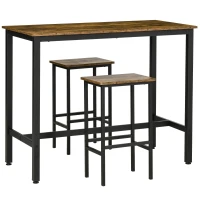 HOMCOM 120x60cm Bar Table Set, Breakfast Table with 2 Stools, 3-Piece Counter Height Dining Table & Chairs for Kitchen, Living Room, Rustic Brown(m-10)