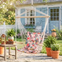 Outsunny Garden Outdoor Hanging Hammock Chair Thick Rope Frame Wooden Arms Safe Garden Outdoor Spot Stylish Multicoloured floral(m-9)