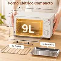 HOMCOM Mini Forno Elétrico 9L com Temperatura Ajustável até 230°C Temporizador 60 min e Bandeja para Assar 35x24,6x20 cm Creme(m-3)