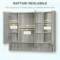 kleankin Dulap cu Oglindă, 4 Secțiuni, cu Rafturi Reglabile, din Lemn și Sticlă, 90x15x75 cm, Gri(m-6)