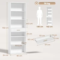 HOMCOM Bibliotecă verticală înaltă cu 7 polițe, 6 cuburi și sertar din lemn, 60x24x182 cm, Alb(m-3)