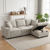 HOMCOM Divano Angolare 3 Posti in Tessuto Effetto Lino con Contenitore Poggiapiedi Rimovibile, 2 Cuscini, Beige(m-2)