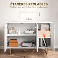 HOMCOM Meuble de rangement buffet salon avec 2 placards 3 portes et étagère réglable, pieds en métal, aspect marbre blanc(m-5)