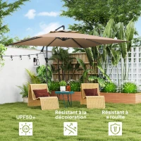 Outsunny Parasol déporté carré 3 x 3 m avec manivelle, base croisée, parasol inclinable et rotation à 360°, toile 180 g/m² kaki(m-4)